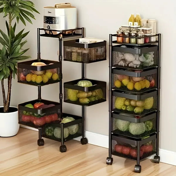 5-Tier Rotating Kitchen Storage Rack, Rolling Carbon Steel Vegetable Fruit Organizer Cart with Lockable Wheels