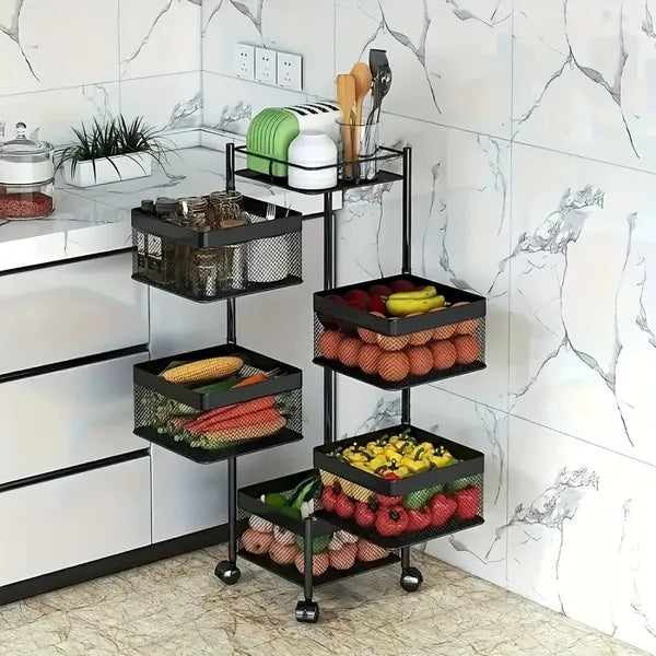 5-Tier Rotating Kitchen Storage Rack, Rolling Carbon Steel Vegetable Fruit Organizer Cart with Lockable Wheels