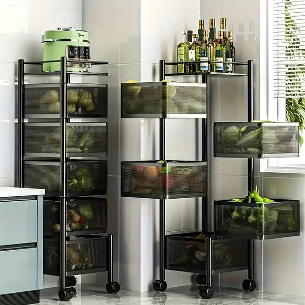 5-Tier Rotating Kitchen Storage Rack, Rolling Carbon Steel Vegetable Fruit Organizer Cart with Lockable Wheels