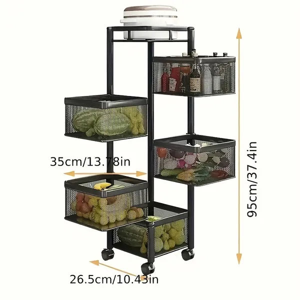 5-Tier Rotating Kitchen Storage Rack, Rolling Carbon Steel Vegetable Fruit Organizer Cart with Lockable Wheels