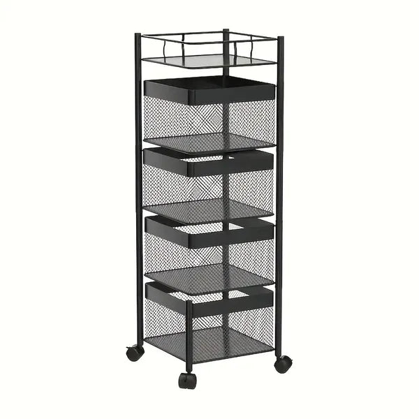 5-Tier Rotating Kitchen Storage Rack, Rolling Carbon Steel Vegetable Fruit Organizer Cart with Lockable Wheels