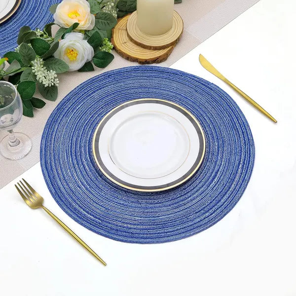 Aeelleea Round Woven Placemats, 15 Inch Set of 6, Washable Table Mats for Dining Table, Home Wedding Party Decor, Blue White