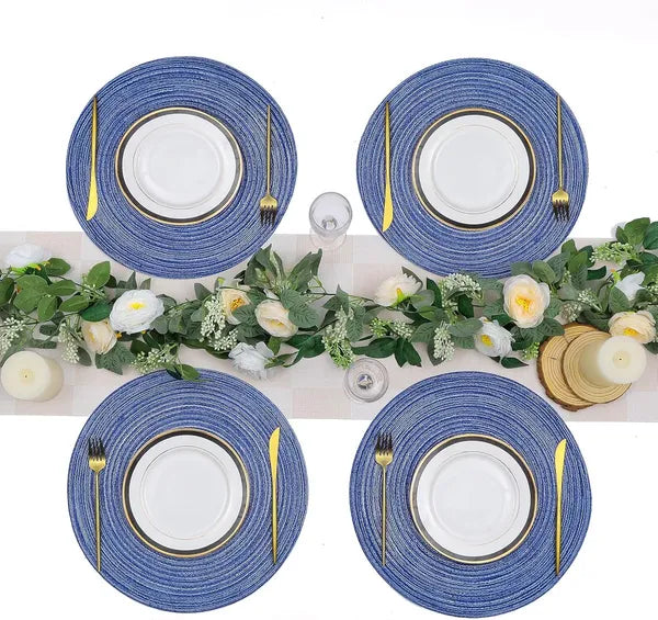 Aeelleea Round Woven Placemats, 15 Inch Set of 6, Washable Table Mats for Dining Table, Home Wedding Party Decor, Blue White