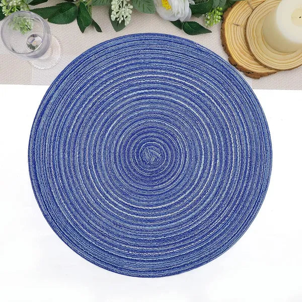 Aeelleea Round Woven Placemats, 15 Inch Set of 6, Washable Table Mats for Dining Table, Home Wedding Party Decor, Blue White