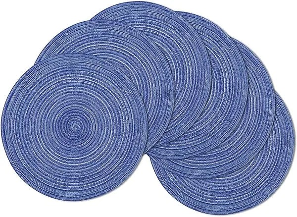 Aeelleea Round Woven Placemats, 15 Inch Set of 6, Washable Table Mats for Dining Table, Home Wedding Party Decor, Blue White