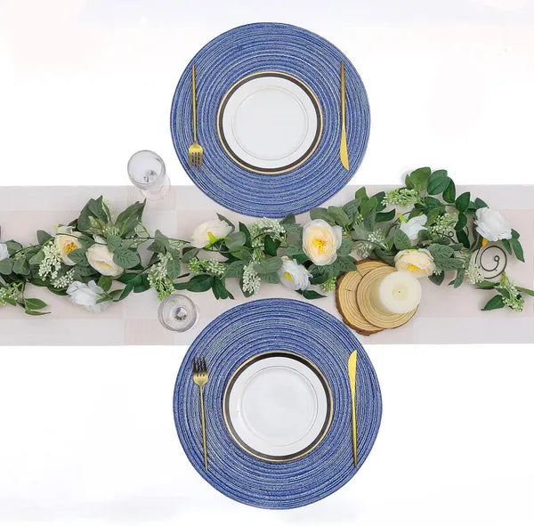Aeelleea Round Woven Placemats, 15 Inch Set of 6, Washable Table Mats for Dining Table, Home Wedding Party Decor, Blue White
