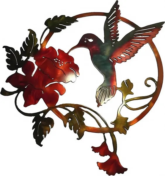 Aeelleea Metal Hummingbird Wall Art, Circular Hummingbird Flower Metal Wall Decor, Indoor Outdoor Garden Fence Hanging Ornament
