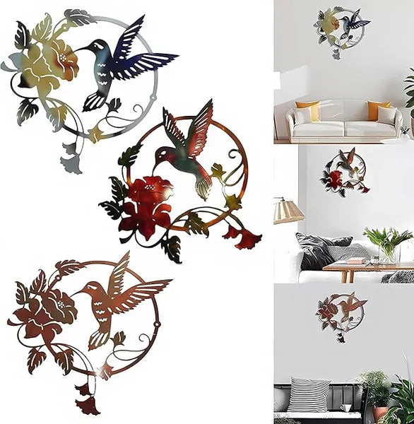 Aeelleea Metal Hummingbird Wall Art, Circular Hummingbird Flower Metal Wall Decor, Indoor Outdoor Garden Fence Hanging Ornament