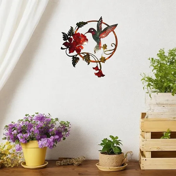 Aeelleea Metal Hummingbird Wall Art, Circular Hummingbird Flower Metal Wall Decor, Indoor Outdoor Garden Fence Hanging Ornament