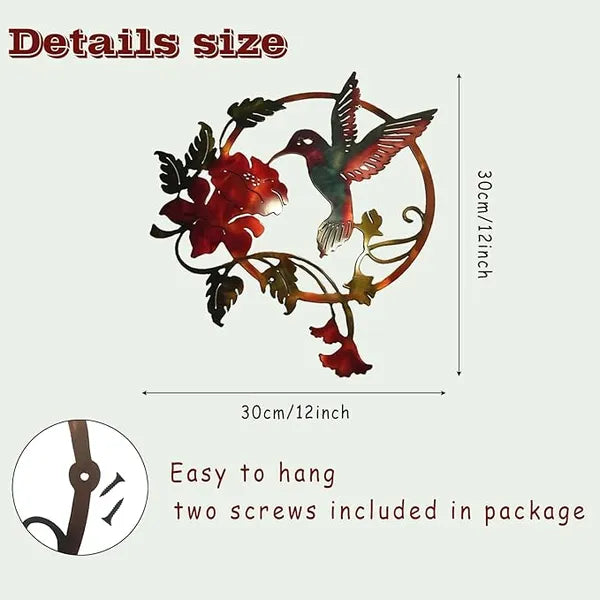 Aeelleea Metal Hummingbird Wall Art, Circular Hummingbird Flower Metal Wall Decor, Indoor Outdoor Garden Fence Hanging Ornament
