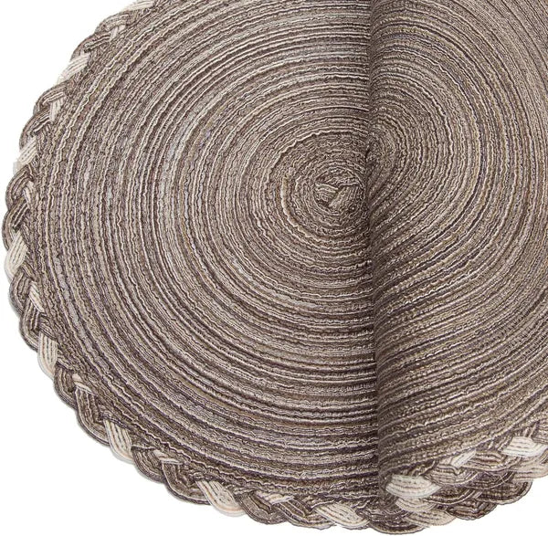 Aeelleea 6 Pack Round Woven Placemats,15 Inch Sparkly Braided Mats, Heat Resistant Decorative Table Mats for Wedding Holiday Party, Light Coffee