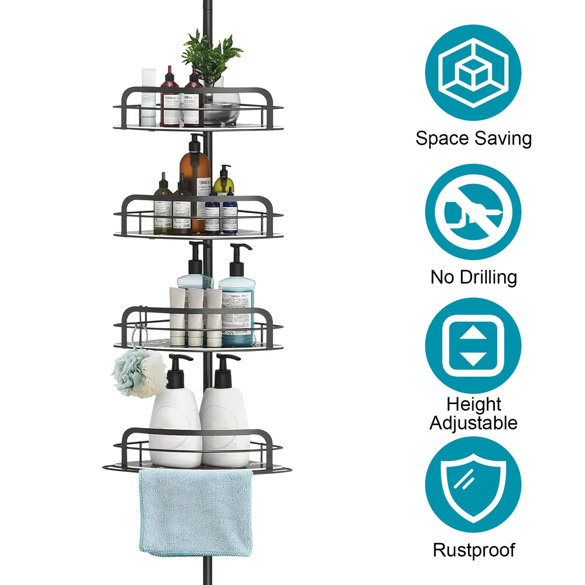 AEELLEEA Corner Shower Caddy, 4-Tier Adjustable Tension Pole, Rust Resistant Towel Bar & Hooks, Standing Rack, Black, 8.7-116.1in