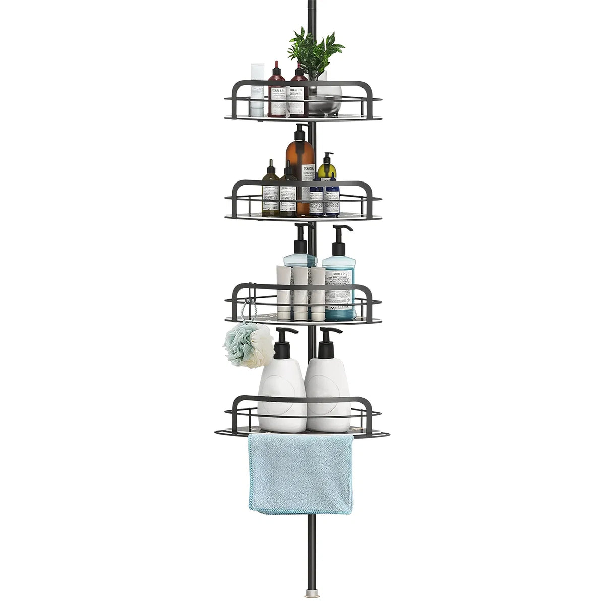 AEELLEEA Corner Shower Caddy, 4-Tier Adjustable Tension Pole, Rust Resistant Towel Bar & Hooks, Standing Rack, Black, 8.7-116.1in
