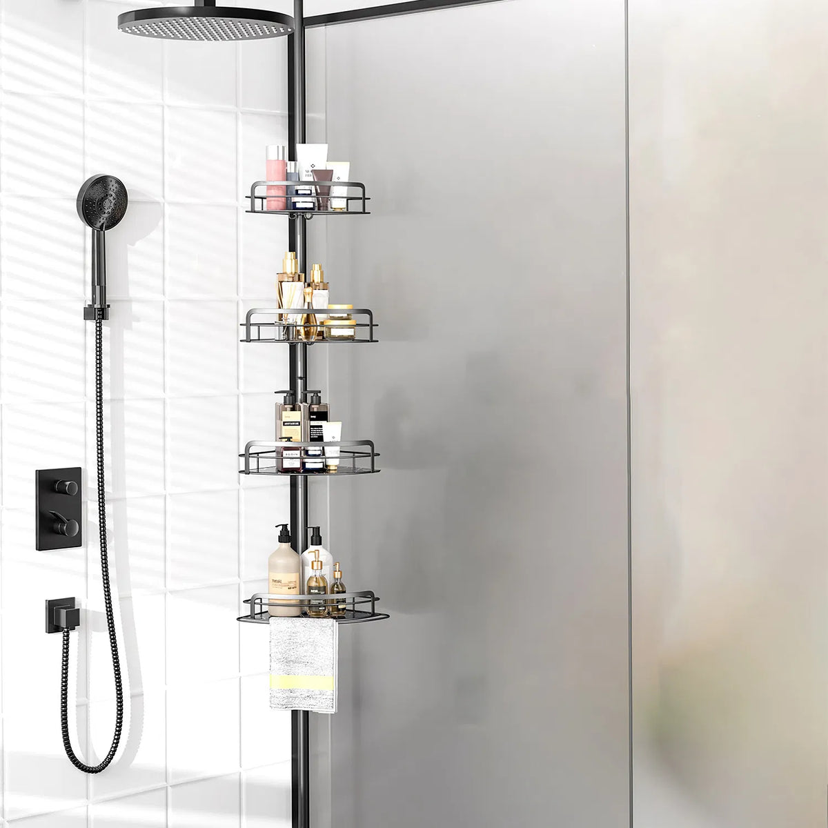 AEELLEEA Corner Shower Caddy, 4-Tier Adjustable Tension Pole, Rust Resistant Towel Bar & Hooks, Standing Rack, Black, 8.7-116.1in