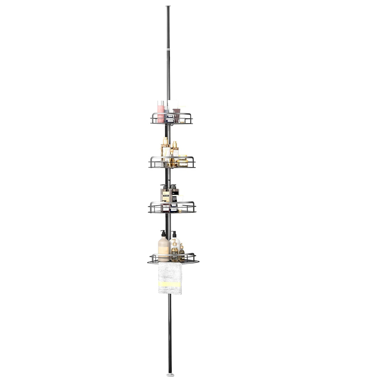 AEELLEEA Corner Shower Caddy, 4-Tier Adjustable Tension Pole, Rust Resistant Towel Bar & Hooks, Standing Rack, Black, 8.7-116.1in