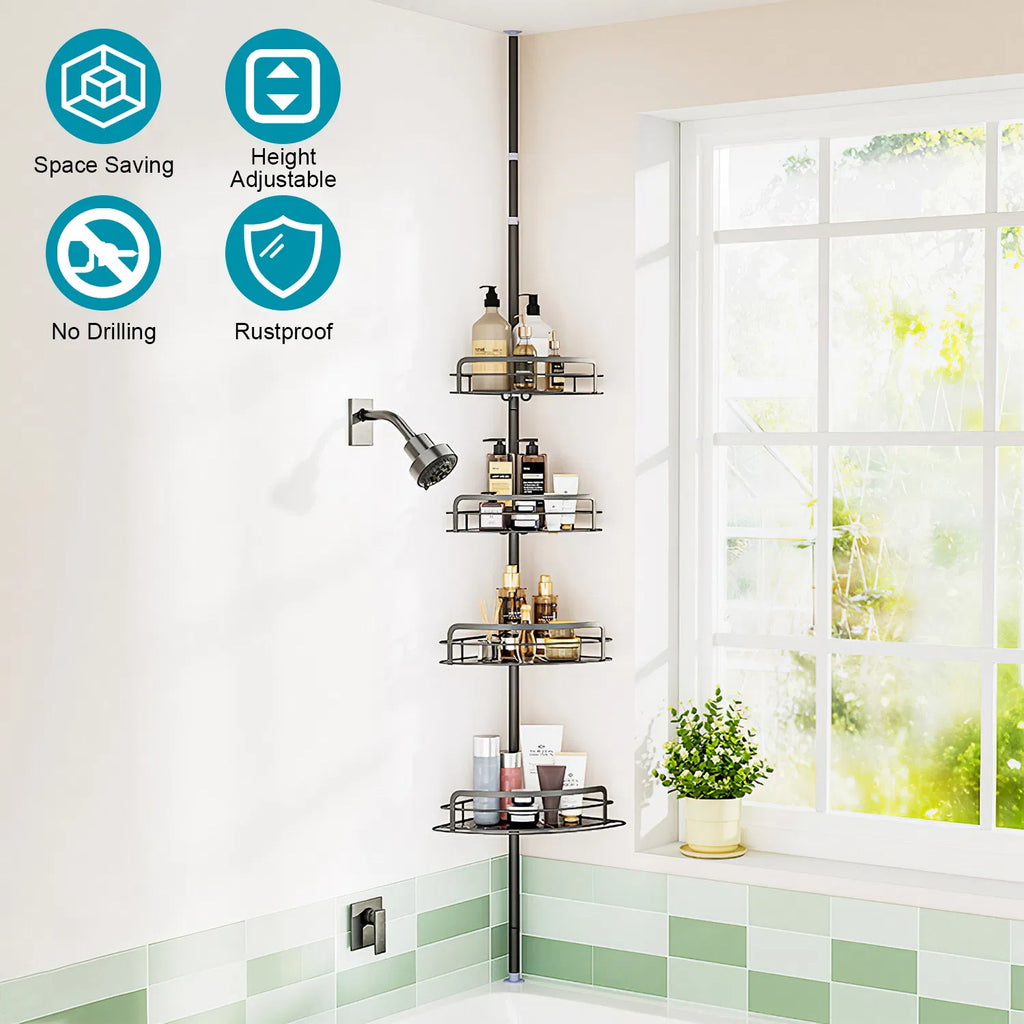AEELLEEA Corner Shower Caddy, 4-Tier Adjustable Tension Pole, Rust Resistant Towel Bar & Hooks, Standing Rack, Black, 8.7-116.1in