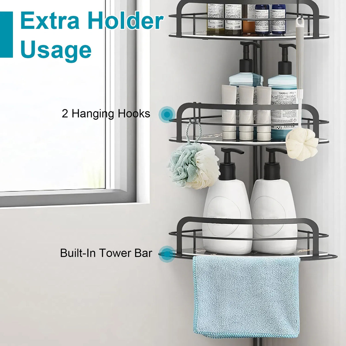 AEELLEEA Corner Shower Caddy, 4-Tier Adjustable Tension Pole, Rust Resistant Towel Bar & Hooks, Standing Rack, Black, 8.7-116.1in