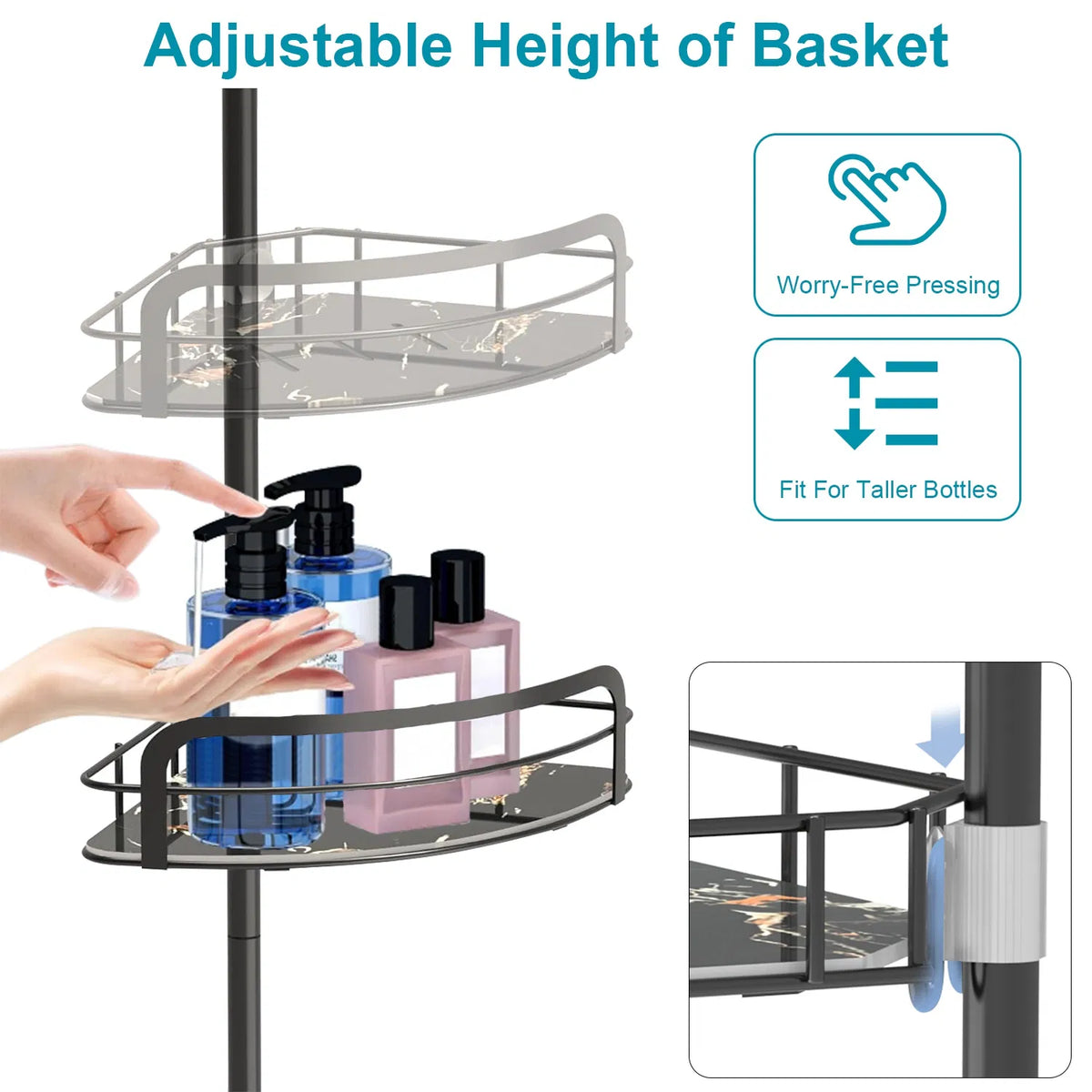AEELLEEA Corner Shower Caddy, 4-Tier Adjustable Tension Pole, Rust Resistant Towel Bar & Hooks, Standing Rack, Black, 8.7-116.1in