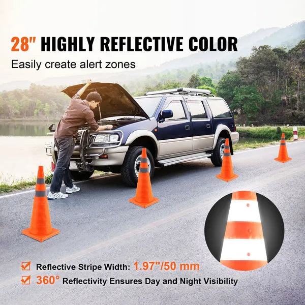 4-Pack 28" Collapsible Traffic Cones with Reflective Strips, Wide Base & Storage Bag, Orange Safety Cones