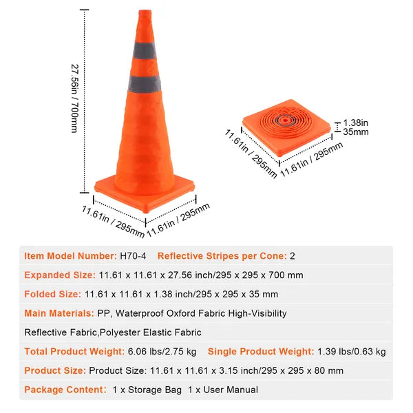4-Pack 28" Collapsible Traffic Cones with Reflective Strips, Wide Base & Storage Bag, Orange Safety Cones