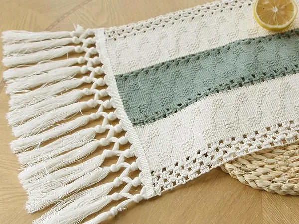 Boho Macrame Table Runner 12x72 Inch, Sage Green Striped Cotton Table Runner with Handmade Tassels, Farmhouse Rustic Dining Table Decor for Party Wedding