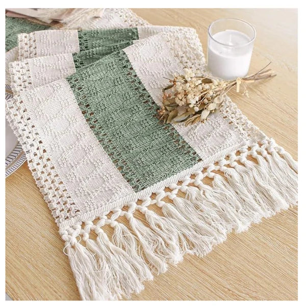 Boho Macrame Table Runner 12x72 Inch, Sage Green Striped Cotton Table Runner with Handmade Tassels, Farmhouse Rustic Dining Table Decor for Party Wedding