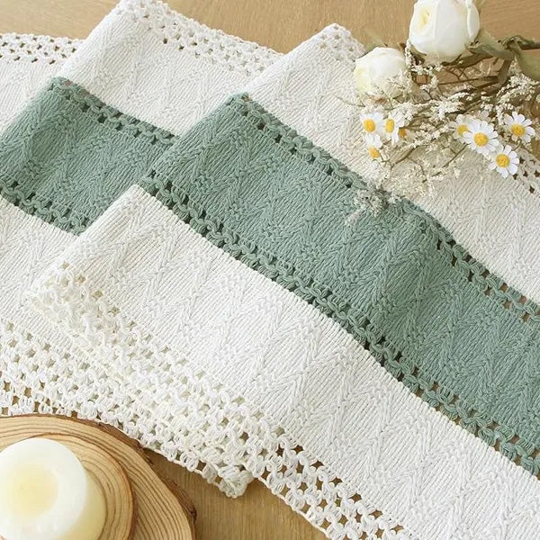 Boho Macrame Table Runner 12x72 Inch, Sage Green Striped Cotton Table Runner with Handmade Tassels, Farmhouse Rustic Dining Table Decor for Party Wedding