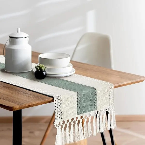 Boho Macrame Table Runner 12x72 Inch, Sage Green Striped Cotton Table Runner with Handmade Tassels, Farmhouse Rustic Dining Table Decor for Party Wedding