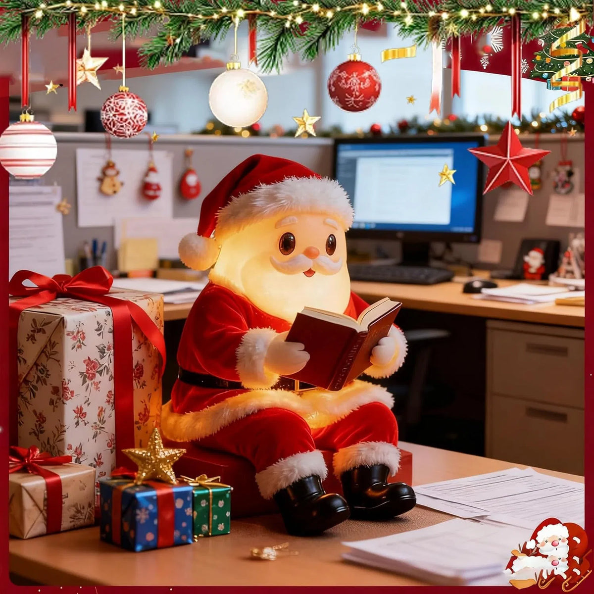 Light-Up Santa Claus Reading Figurine, 8.3 in Christmas Tabletop Decor with Warm Glow for Mantel, Shelf, Desk and Holiday Display