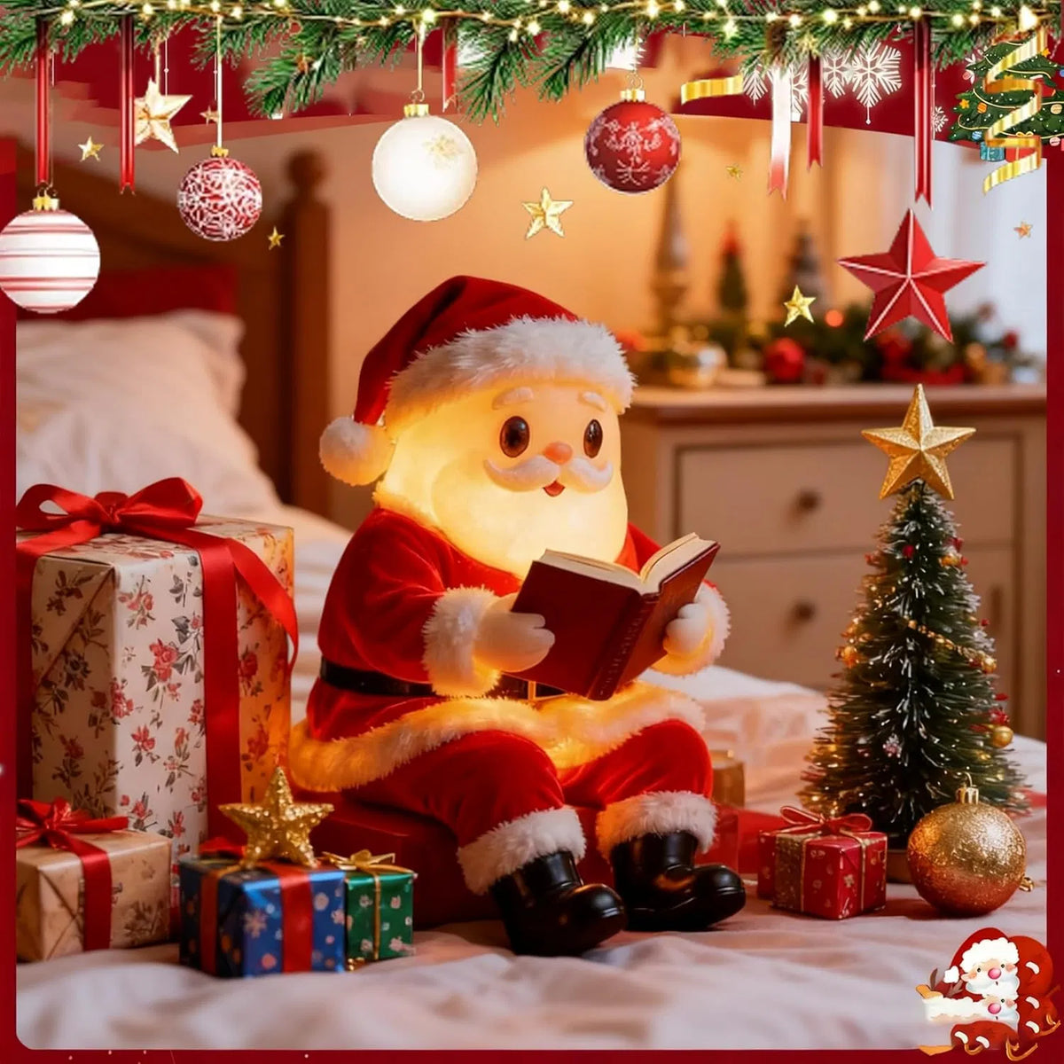 Light-Up Santa Claus Reading Figurine, 8.3 in Christmas Tabletop Decor with Warm Glow for Mantel, Shelf, Desk and Holiday Display