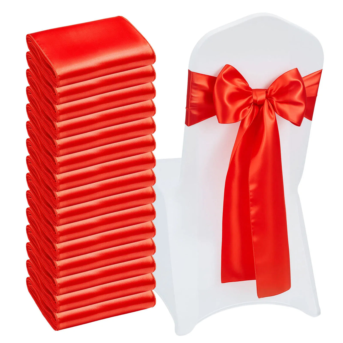 Satin Chair Sashes Bows 50 Pack, 7 x 108 Inch Red Chair Ribbon Ties Back Sash, Wedding Reception & Banquet Chair Decoration