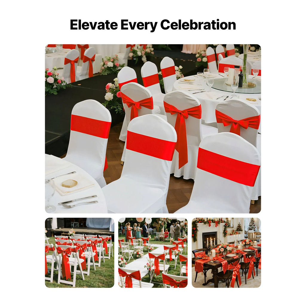 Satin Chair Sashes Bows 50 Pack, 7 x 108 Inch Red Chair Ribbon Ties Back Sash, Wedding Reception & Banquet Chair Decoration