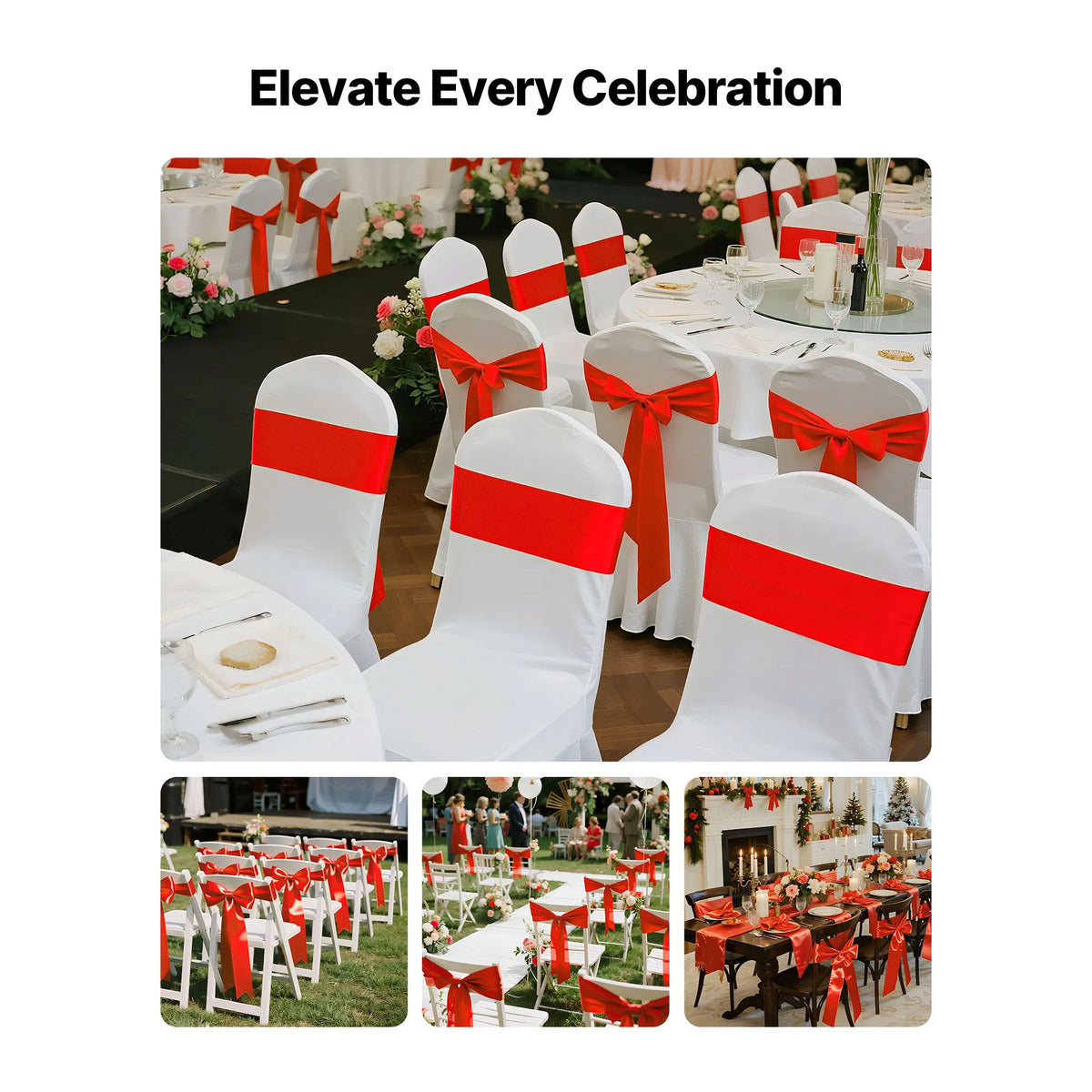 Satin Chair Sashes Bows 50 Pack, 7 x 108 Inch Red Chair Ribbon Ties Back Sash, Wedding Reception & Banquet Chair Decoration