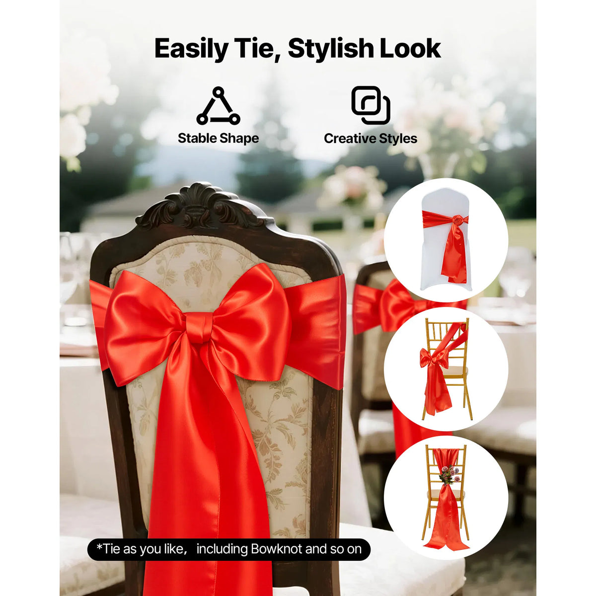 Satin Chair Sashes Bows 50 Pack, 7 x 108 Inch Red Chair Ribbon Ties Back Sash, Wedding Reception & Banquet Chair Decoration
