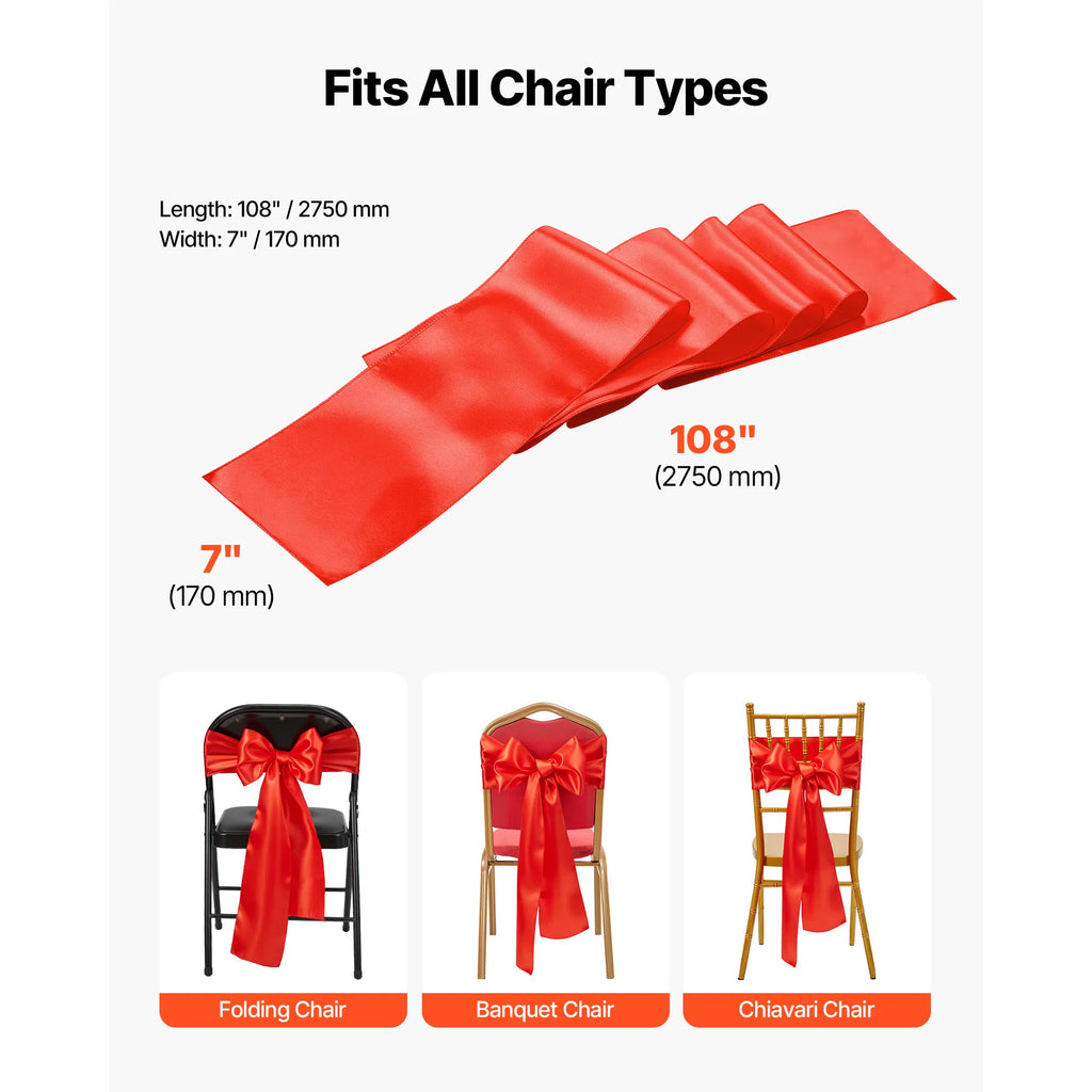 Satin Chair Sashes Bows 50 Pack, 7 x 108 Inch Red Chair Ribbon Ties Back Sash, Wedding Reception & Banquet Chair Decoration