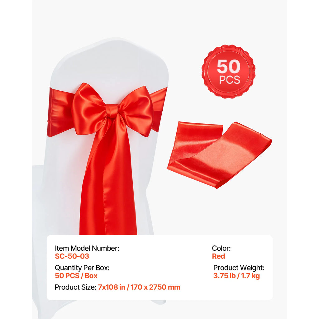 Satin Chair Sashes Bows 50 Pack, 7 x 108 Inch Red Chair Ribbon Ties Back Sash, Wedding Reception & Banquet Chair Decoration