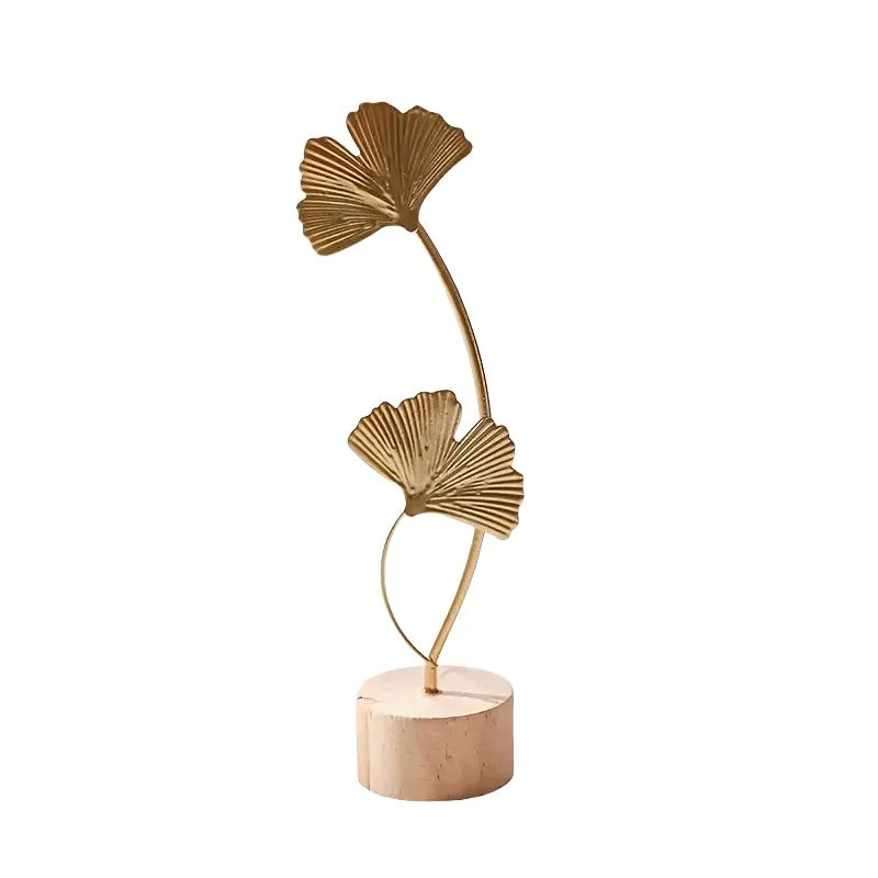 Gold Metal Leaf Table Decor with Wood Base, Monstera Ginkgo Snowflake Designs, Modern Ornament for Shelf Living Room Home Decor