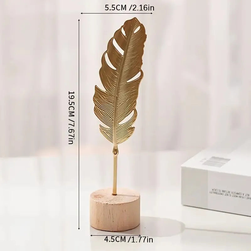 Gold Metal Leaf Table Decor with Wood Base, Monstera Ginkgo Snowflake Designs, Modern Ornament for Shelf Living Room Home Decor