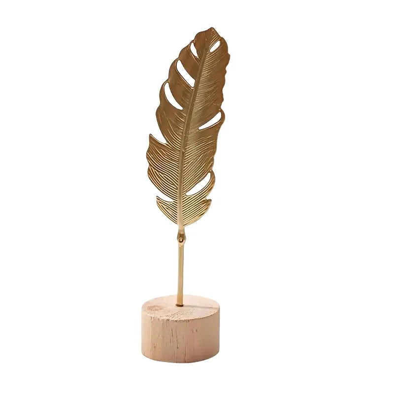 Gold Metal Leaf Table Decor with Wood Base, Monstera Ginkgo Snowflake Designs, Modern Ornament for Shelf Living Room Home Decor