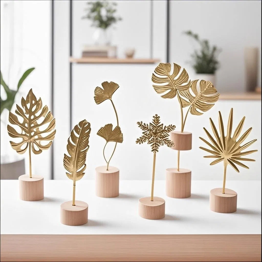 Gold Metal Leaf Table Decor with Wood Base, Monstera Ginkgo Snowflake Designs, Modern Ornament for Shelf Living Room Home Decor