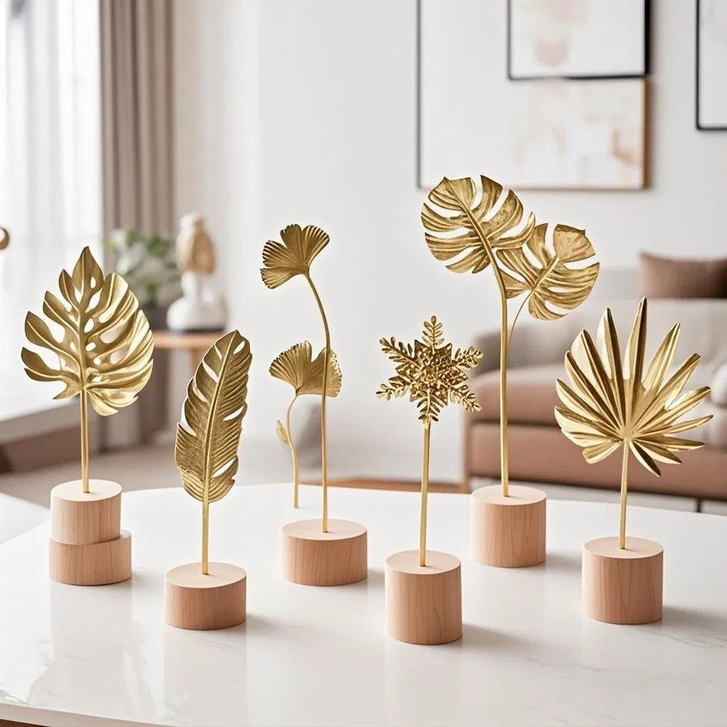 Gold Metal Leaf Table Decor with Wood Base, Monstera Ginkgo Snowflake Designs, Modern Ornament for Shelf Living Room Home Decor