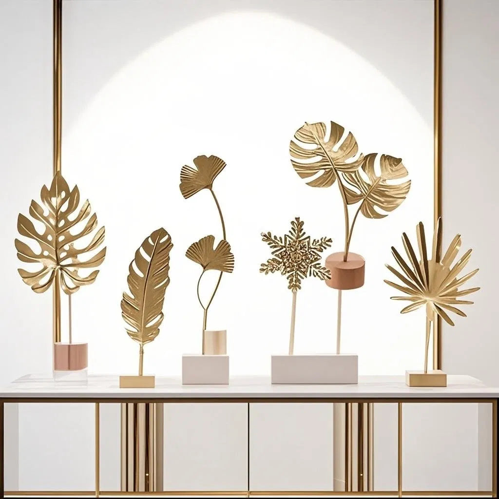 Gold Metal Leaf Table Decor with Wood Base, Monstera Ginkgo Snowflake Designs, Modern Ornament for Shelf Living Room Home Decor