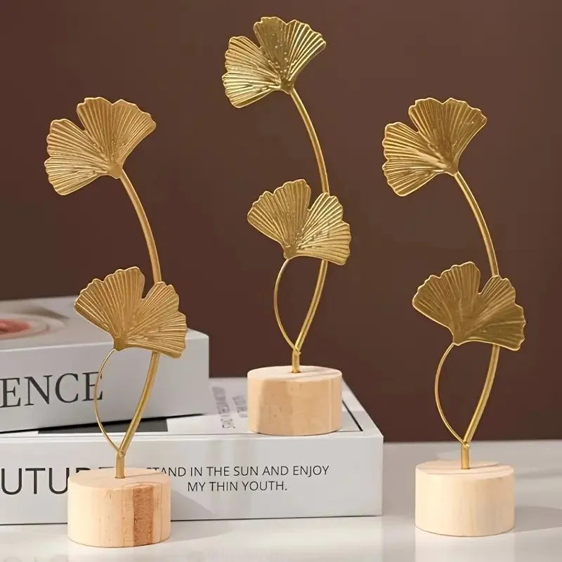 Gold Metal Leaf Table Decor with Wood Base, Monstera Ginkgo Snowflake Designs, Modern Ornament for Shelf Living Room Home Decor