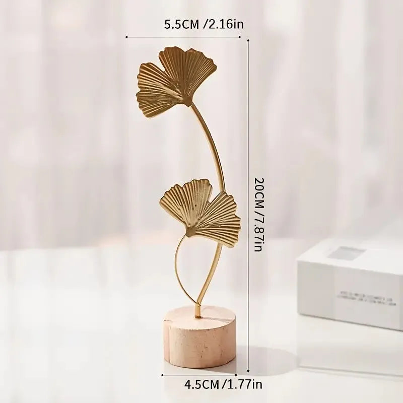 Gold Metal Leaf Table Decor with Wood Base, Monstera Ginkgo Snowflake Designs, Modern Ornament for Shelf Living Room Home Decor