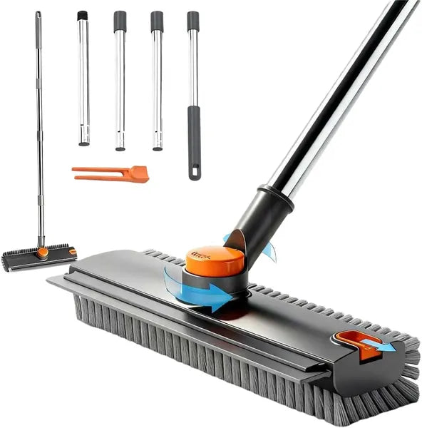 4-in-1 Floor Scrub Brush with Squeegee, 28"-52" Adjustable Long Handle, 360° Rotatable Stiff Bristle Brush for Tile Bathroom Shower Grout
