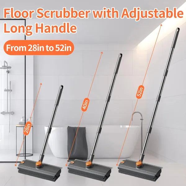 4-in-1 Floor Scrub Brush with Squeegee, 28"-52" Adjustable Long Handle, 360° Rotatable Stiff Bristle Brush for Tile Bathroom Shower Grout