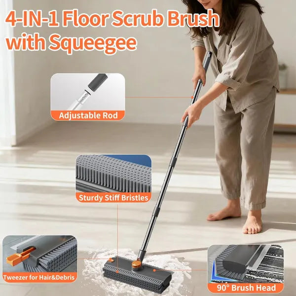4-in-1 Floor Scrub Brush with Squeegee, 28"-52" Adjustable Long Handle, 360° Rotatable Stiff Bristle Brush for Tile Bathroom Shower Grout