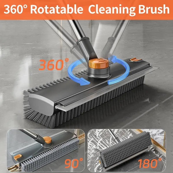 4-in-1 Floor Scrub Brush with Squeegee, 28"-52" Adjustable Long Handle, 360° Rotatable Stiff Bristle Brush for Tile Bathroom Shower Grout