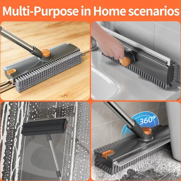 4-in-1 Floor Scrub Brush with Squeegee, 28"-52" Adjustable Long Handle, 360° Rotatable Stiff Bristle Brush for Tile Bathroom Shower Grout