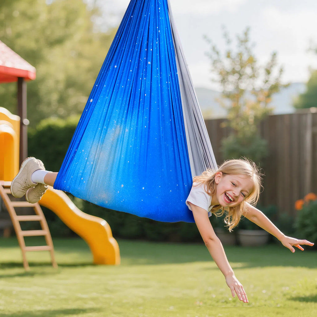 Kids Sensory Swing Hammock, Double Layer Stretch Fabric Hanging Chair with 360° Swivel, Indoor Outdoor Therapy Swing Holds up to 300 lbs